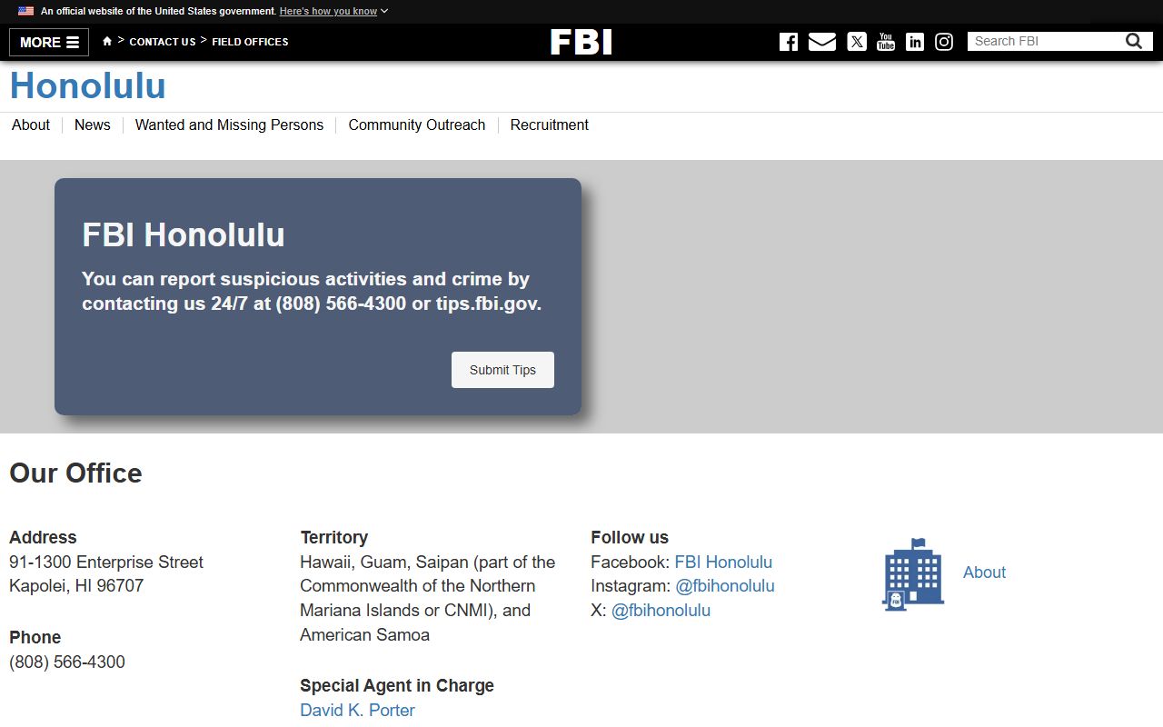FBI Honolulu field office page tied to East Honolulu 24 hour booking cases