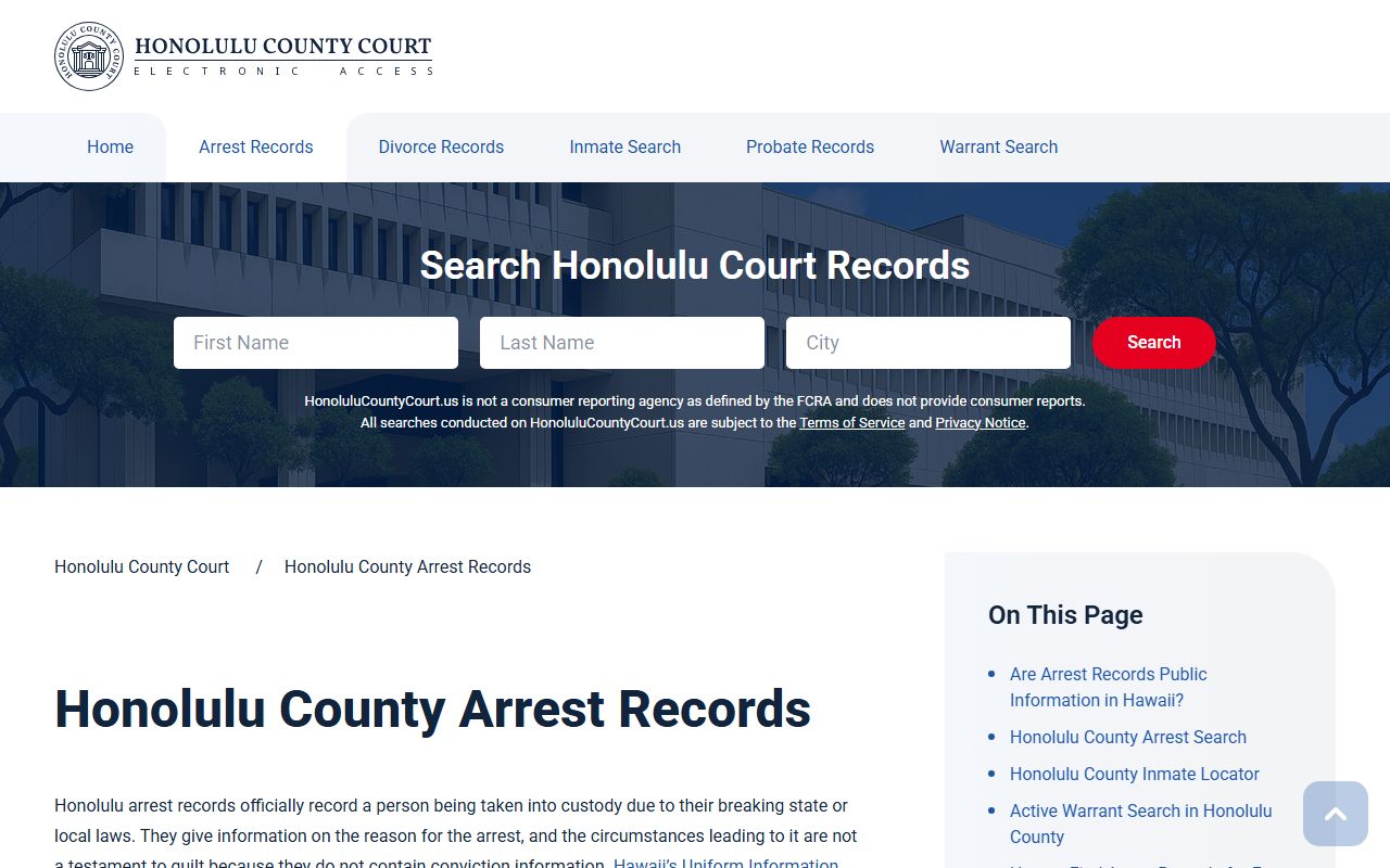 East Honolulu county court records page for 24 hour booking and arrest data