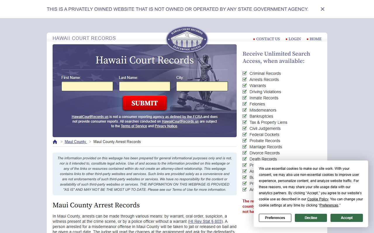 Kahului Maui County arrest records resource for 24 hour booking