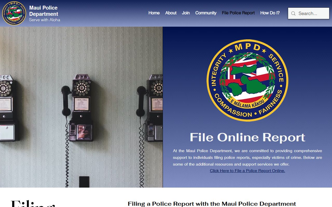 Kahului Maui Police file a report page for 24 hour booking records