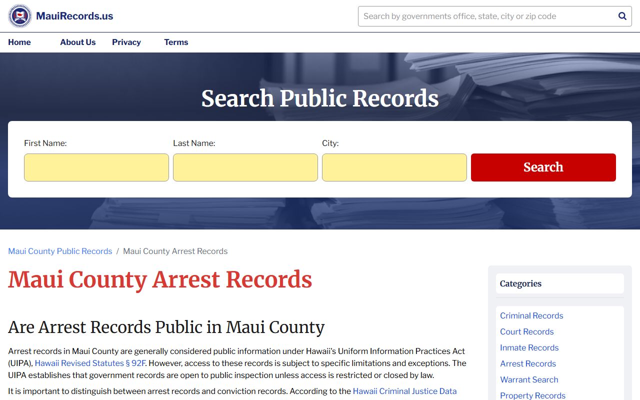Kaneohe 24 hour booking and Maui County arrest records format