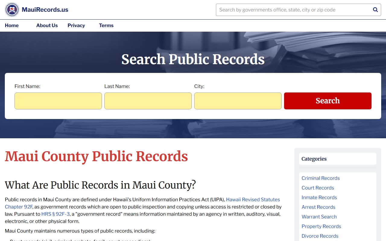 Kihei Maui Records US portal for 24 hour booking lookups