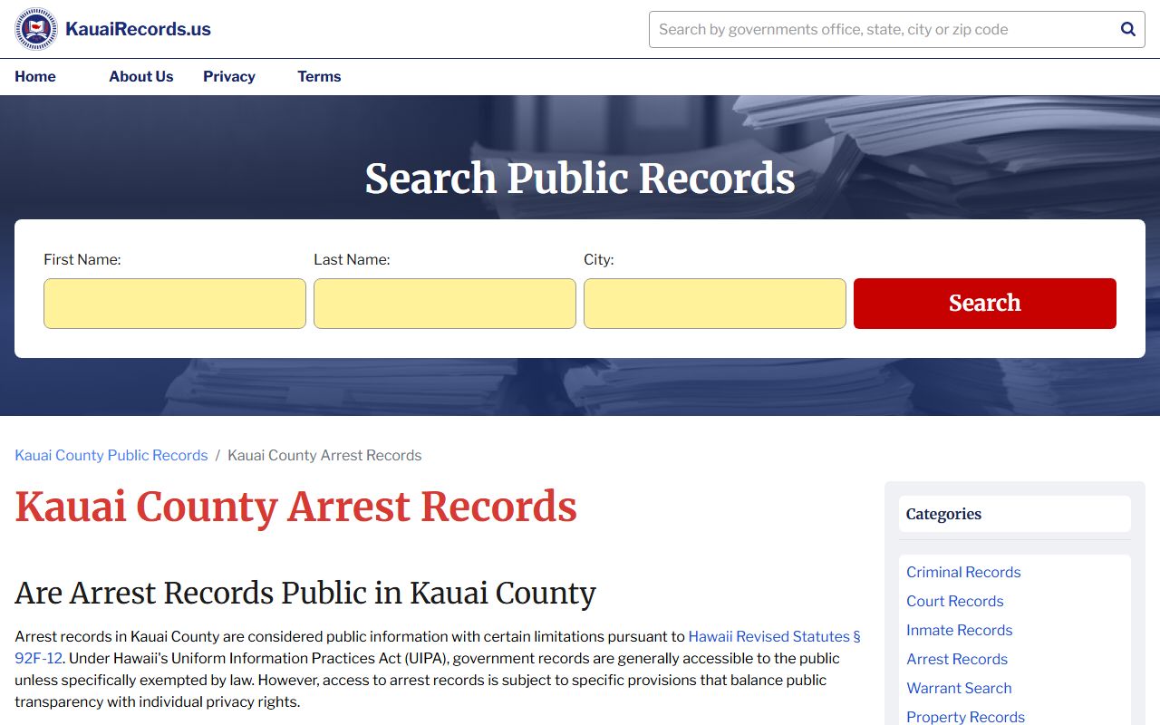 Mililani Town 24 hour booking and Kauai arrest records resource