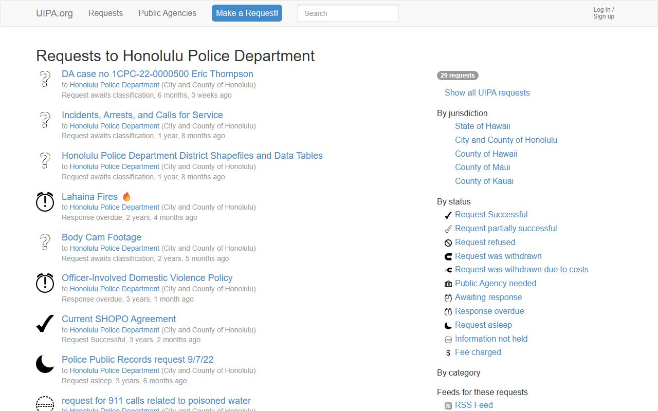 Pearl City UIPA requests to Honolulu Police Department for 24 hour booking data