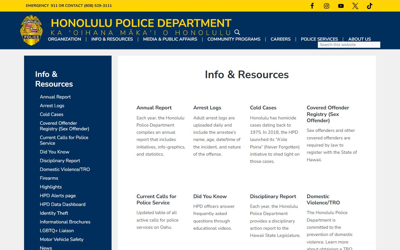 Urban Honolulu HPD information page for 24 hour booking records