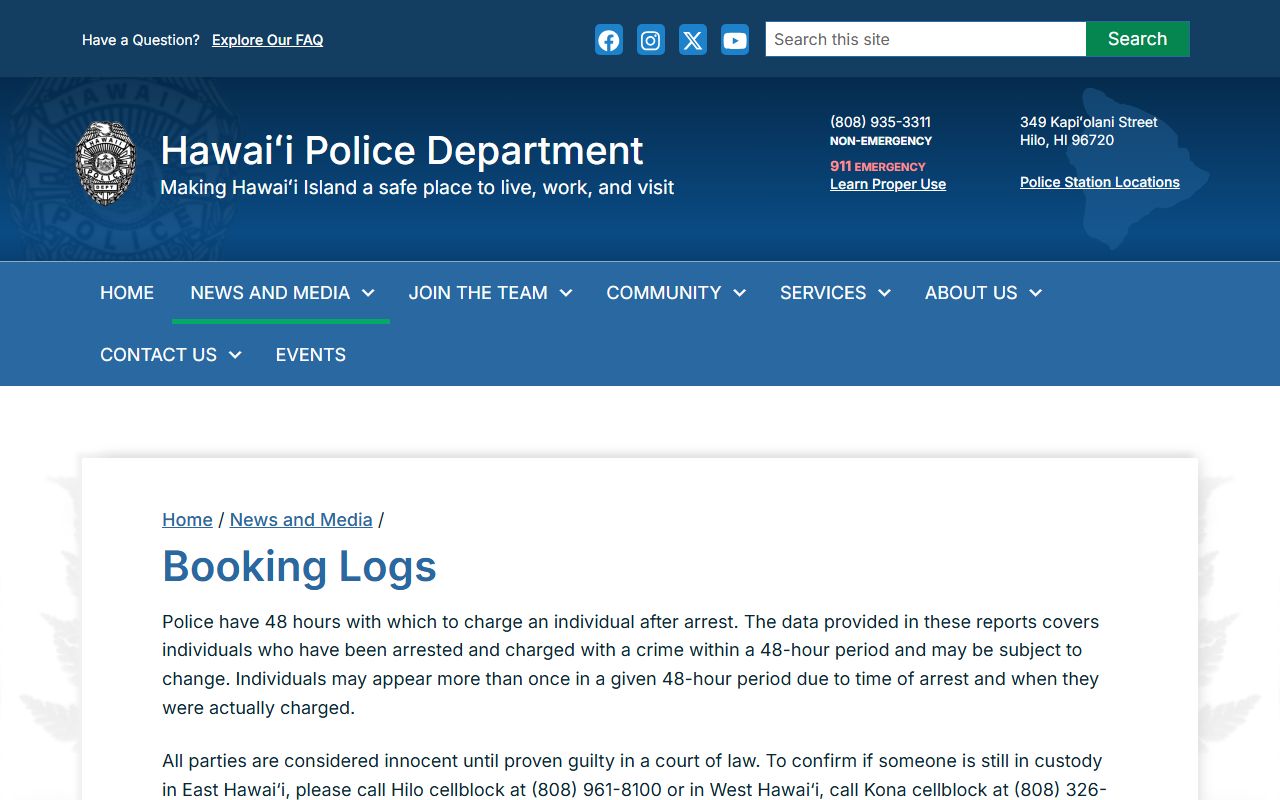 Hawaii County police booking logs for 24 hour booking intake records
