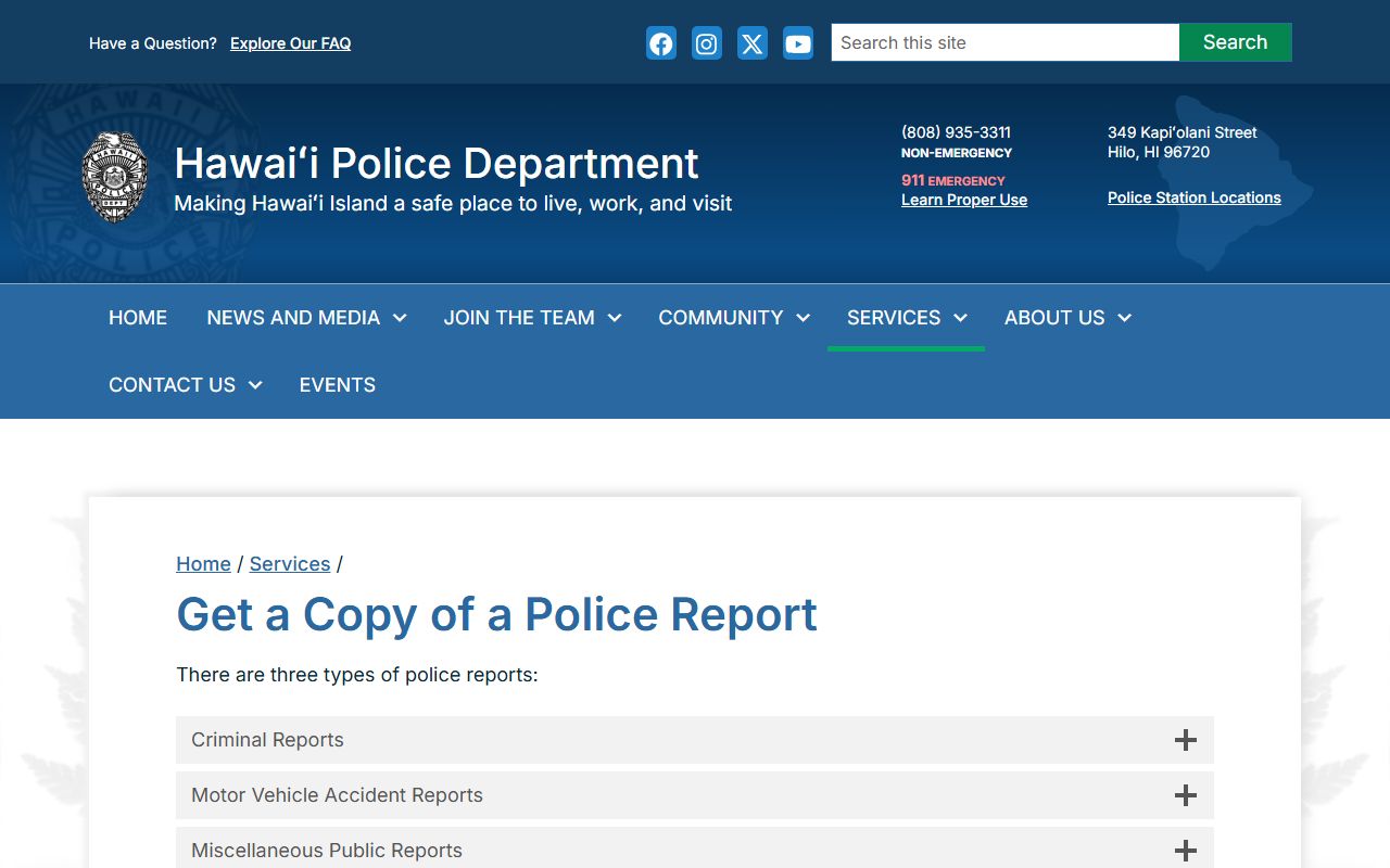 Hawaii County HPD police report request for 24 hour booking copies