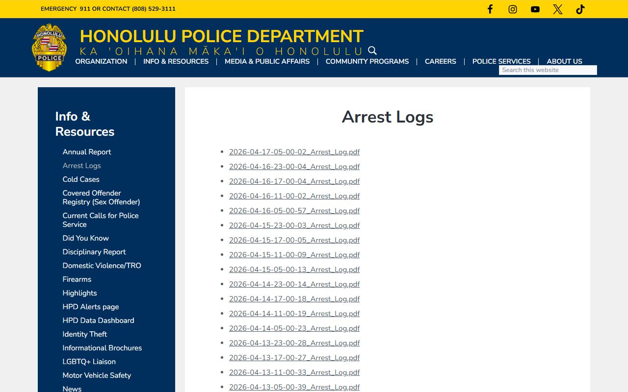 Honolulu County HPD arrest logs page for 24 hour booking records