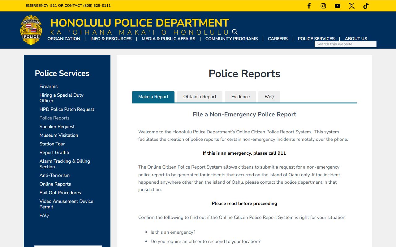 Honolulu County HPD police reports request page for 24 hour booking