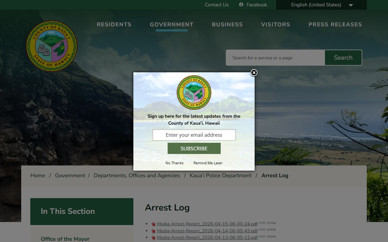 Kauai County Police arrest log for 24 hour booking data