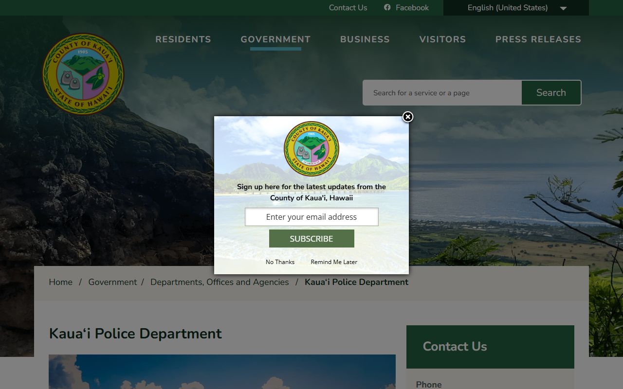 Kauai County Police Department main page for 24 hour booking records