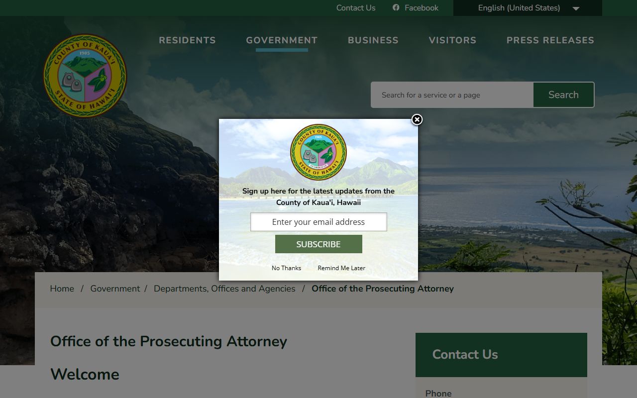 Kauai County Prosecuting Attorney office page for 24 hour booking cases