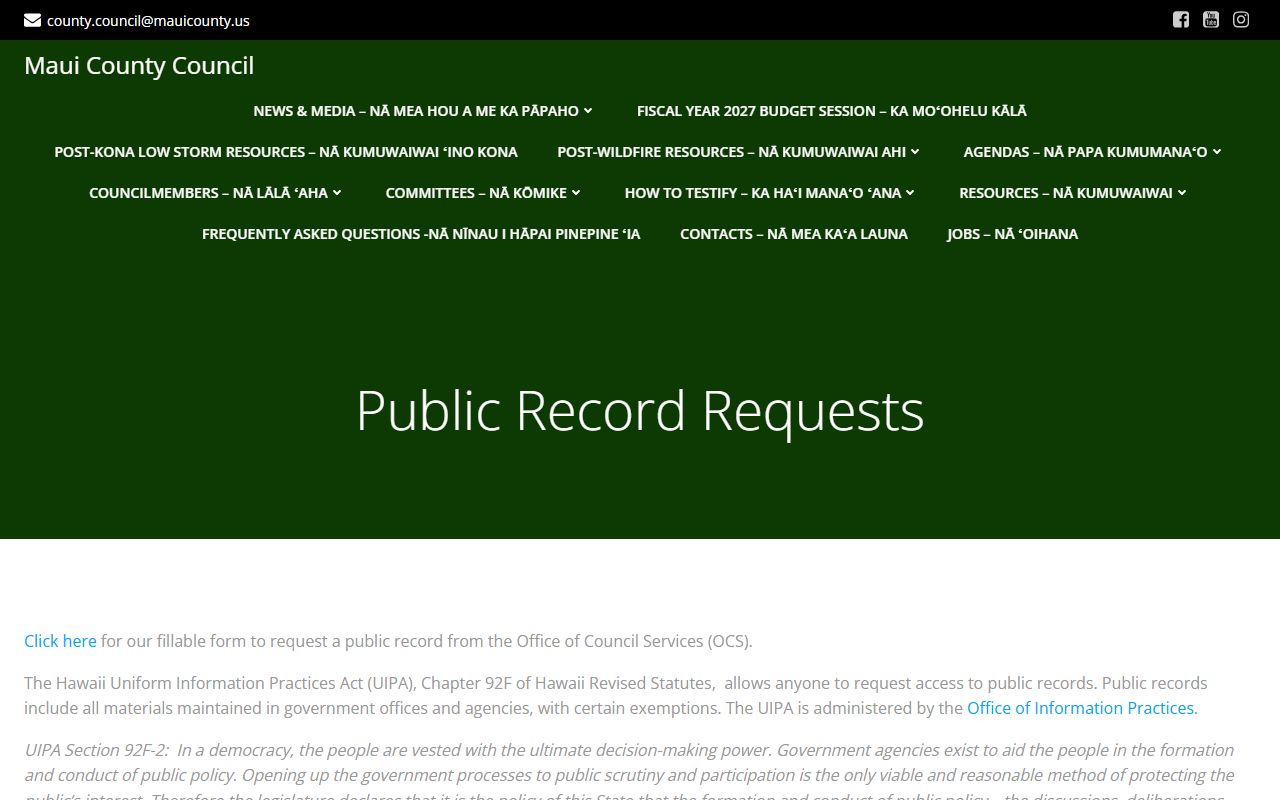 Maui County public records portal for 24 hour booking requests