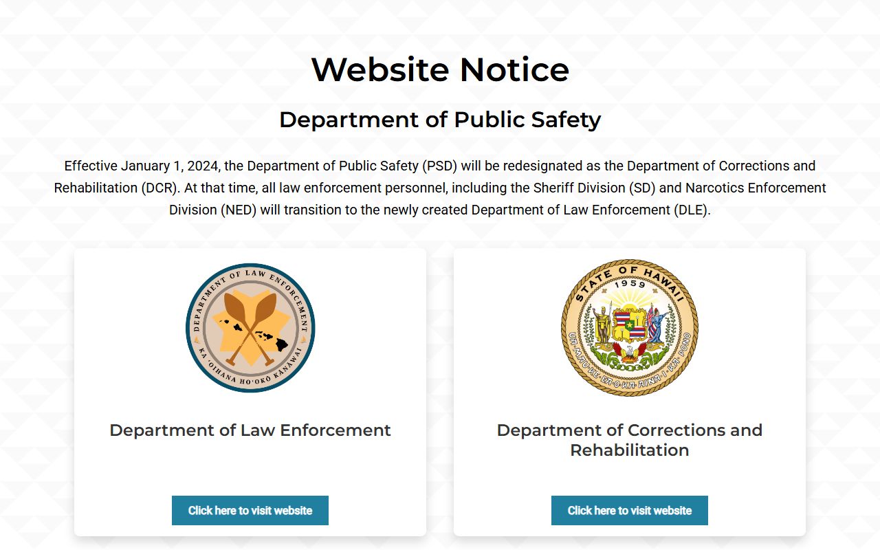 Hawaii Department of Public Safety for 24 hour booking jail lookups