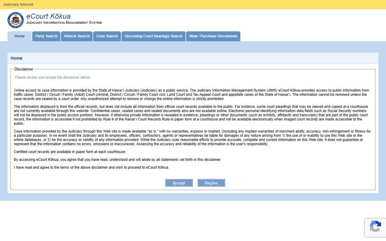 Hawaii eCourt Kokua court records portal for 24 hour booking search