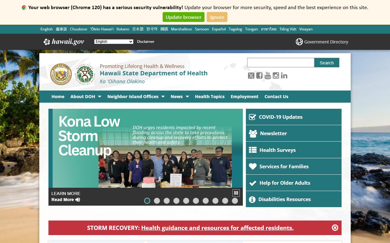 Hawaii Department of Health linked to 24 hour booking in Kalawao County