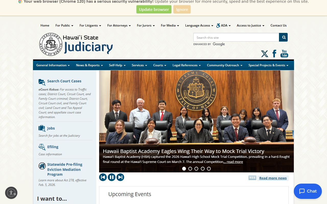Hawaii State Judiciary homepage for 24 hour booking court records